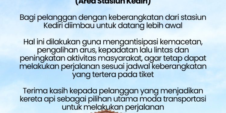 Ada Car Free Night Malam Ini, KAI Daop 7 Madiun Imbau Penumpang Stasiun Kediri Atur Waktu Perjalanan